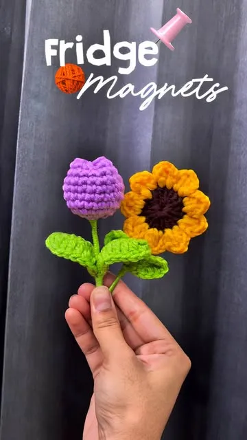 Purple tulip and sunflower crochet fridge magnets